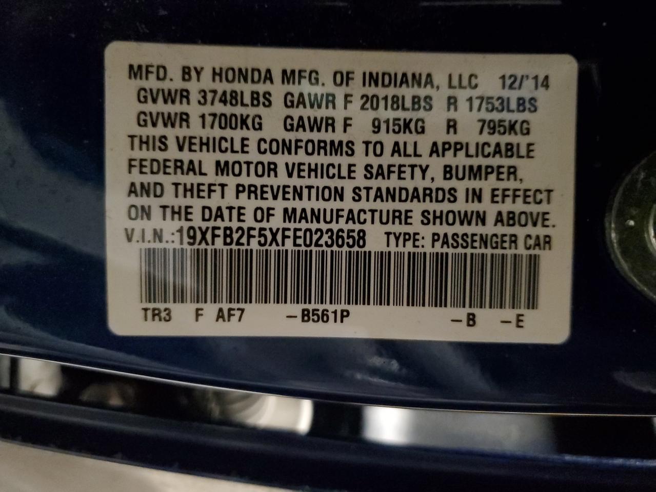 2015 Honda Civic VIN 19XFB2F5XFE023658 Copart auction photo, front end / minor dent/scratches damage thumbnail 14
