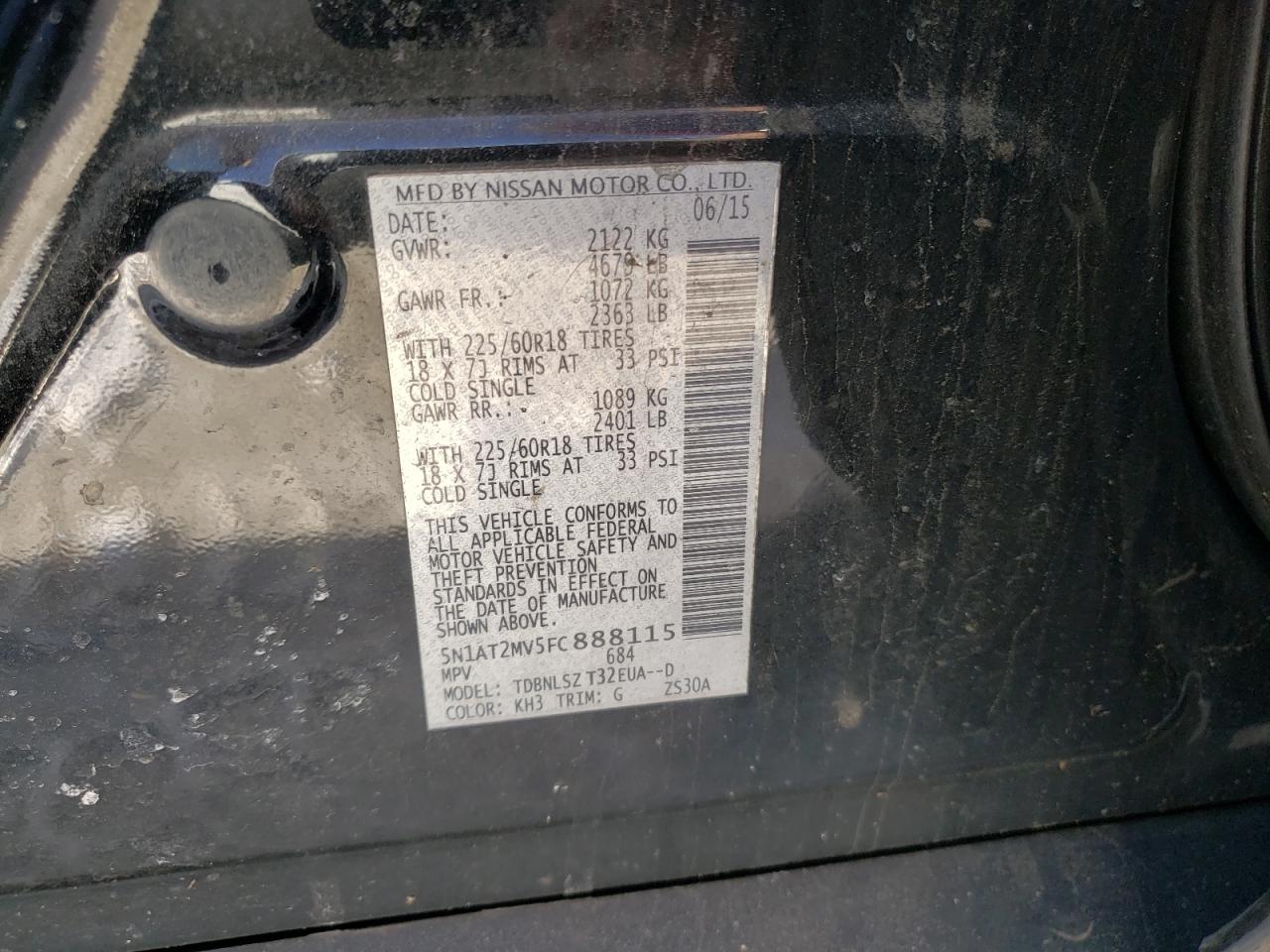2015 Nissan Rogue VIN 5N1AT2MV5FC888115 Copart auction photo, all over / mechanical damage thumbnail 12
