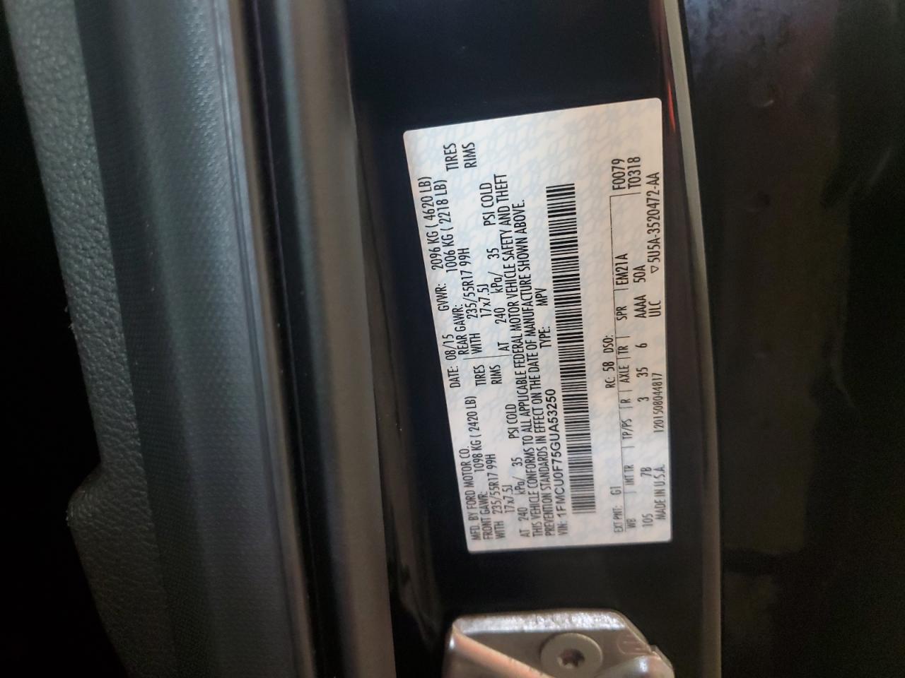2016 Ford Escape VIN 1FMCU0F75GUA53250 Copart auction photo, front end damage thumbnail 14