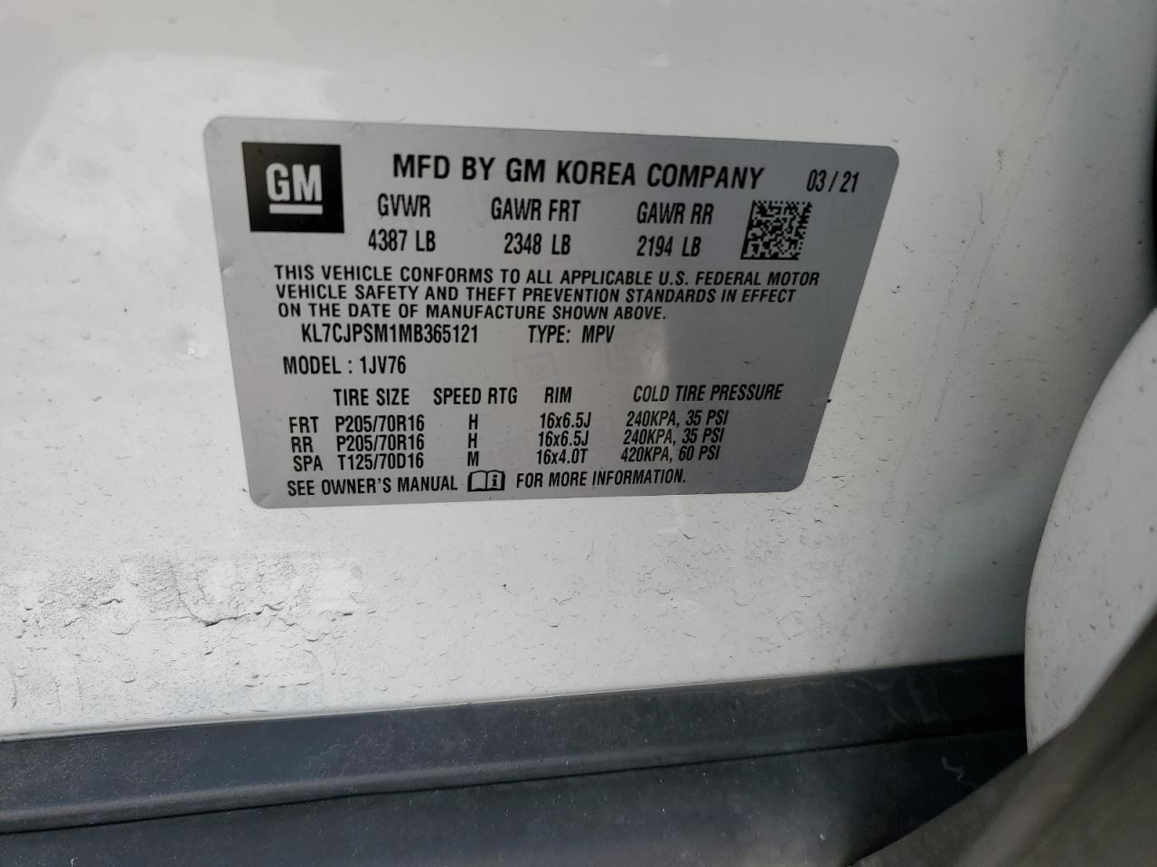 2021 Chevrolet Trax VIN KL7CJPSM1MB365121 Copart auction photo, front end / minor dent/scratches damage thumbnail 12