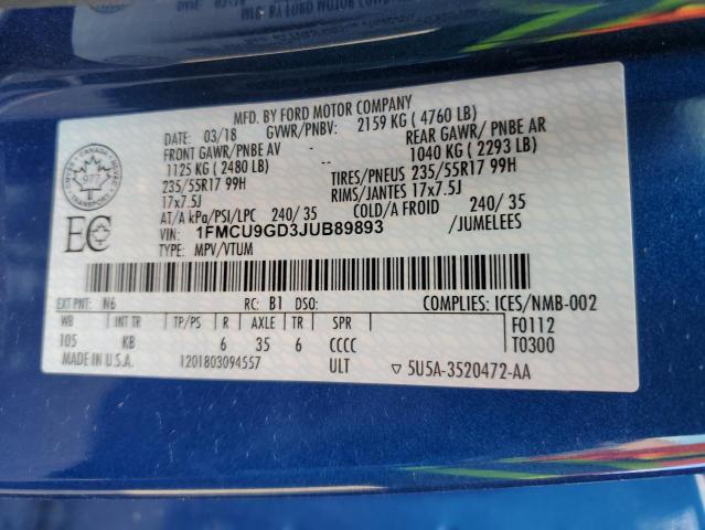2018 Ford Escape VIN 1FMCU9GD3JUB89893 Copart auction photo, side / undercarriage damage thumbnail 13