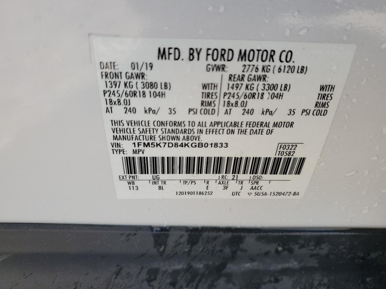 2019 Ford Explorer VIN 1FM5K7D84KGB01833 Copart auction photo, top/roof damage thumbnail 13
