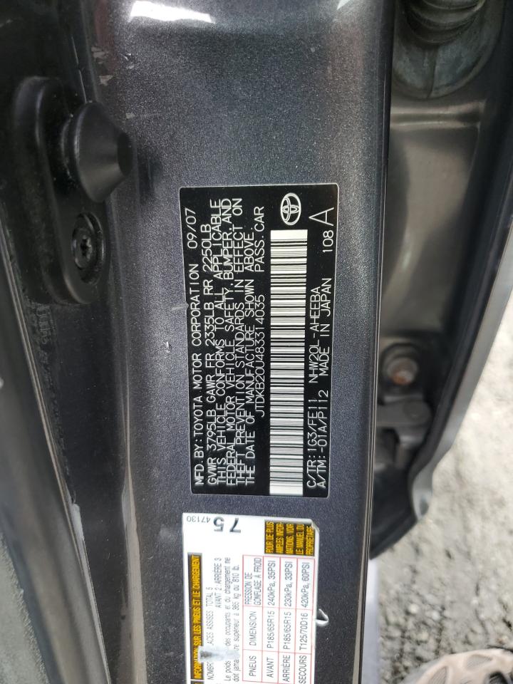 2008 Toyota Prius VIN JTDKB20U483314035 Copart auction photo, all over damage thumbnail 12