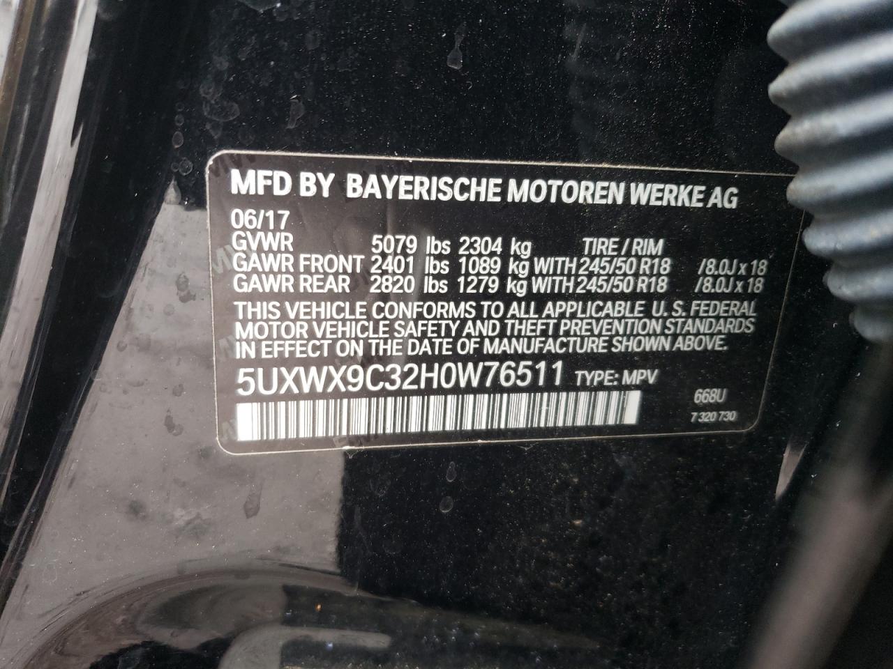 2017 BMW X3 VIN 5UXWX9C32H0W76511 Copart auction photo, rear end / minor dent/scratches damage thumbnail 14