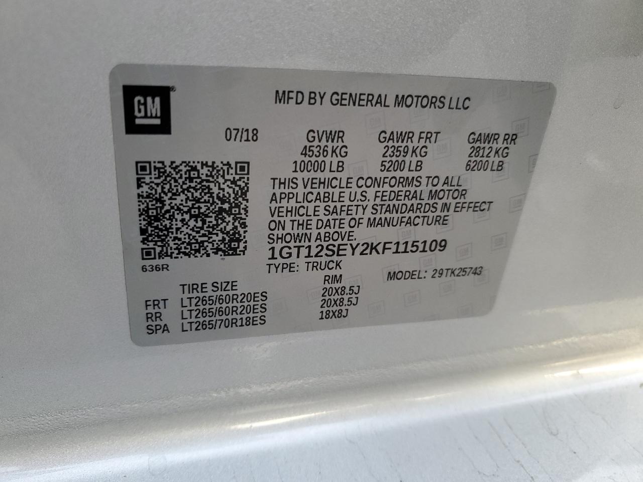 2019 GMC Sierra VIN 1GT12SEY2KF115109 Copart auction photo, front end / side damage thumbnail 14