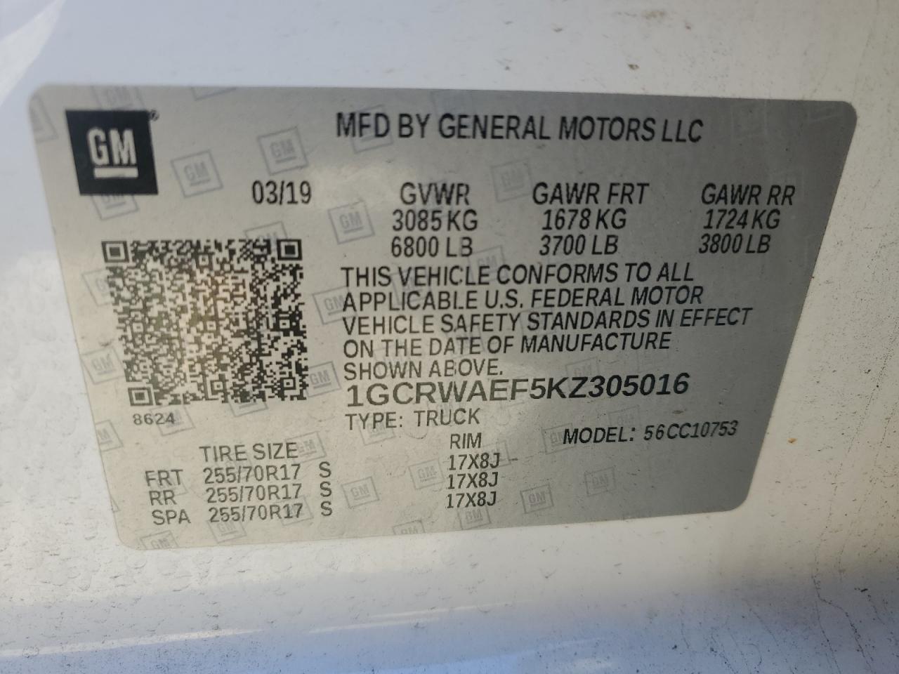 2019 Chevrolet Silverado VIN 1GCRWAEF5KZ305016 Copart auction photo, front end / side damage thumbnail 14