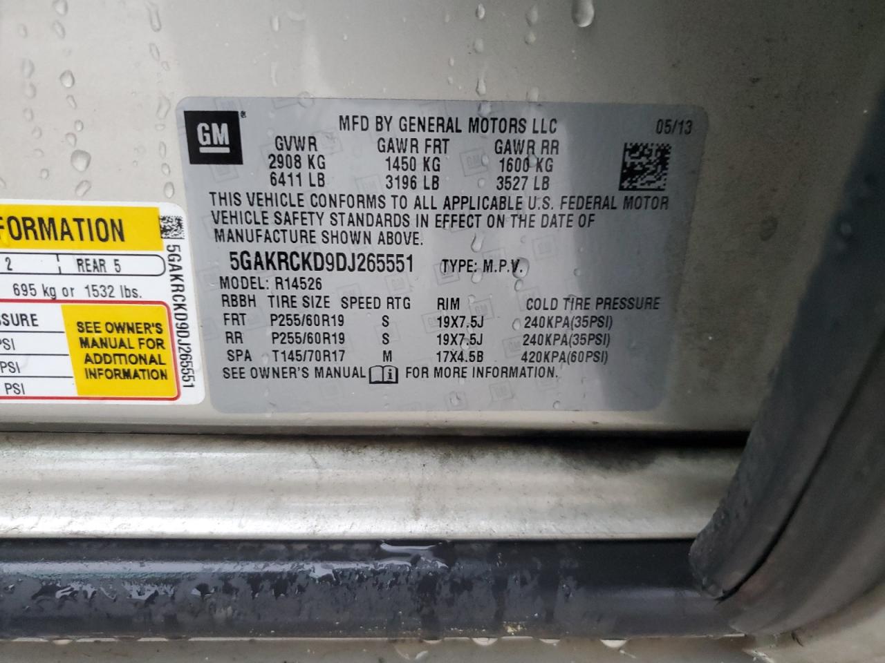 2013 Buick Enclave VIN 5GAKRCKD9DJ265551 Copart auction photo, front end damage thumbnail 13
