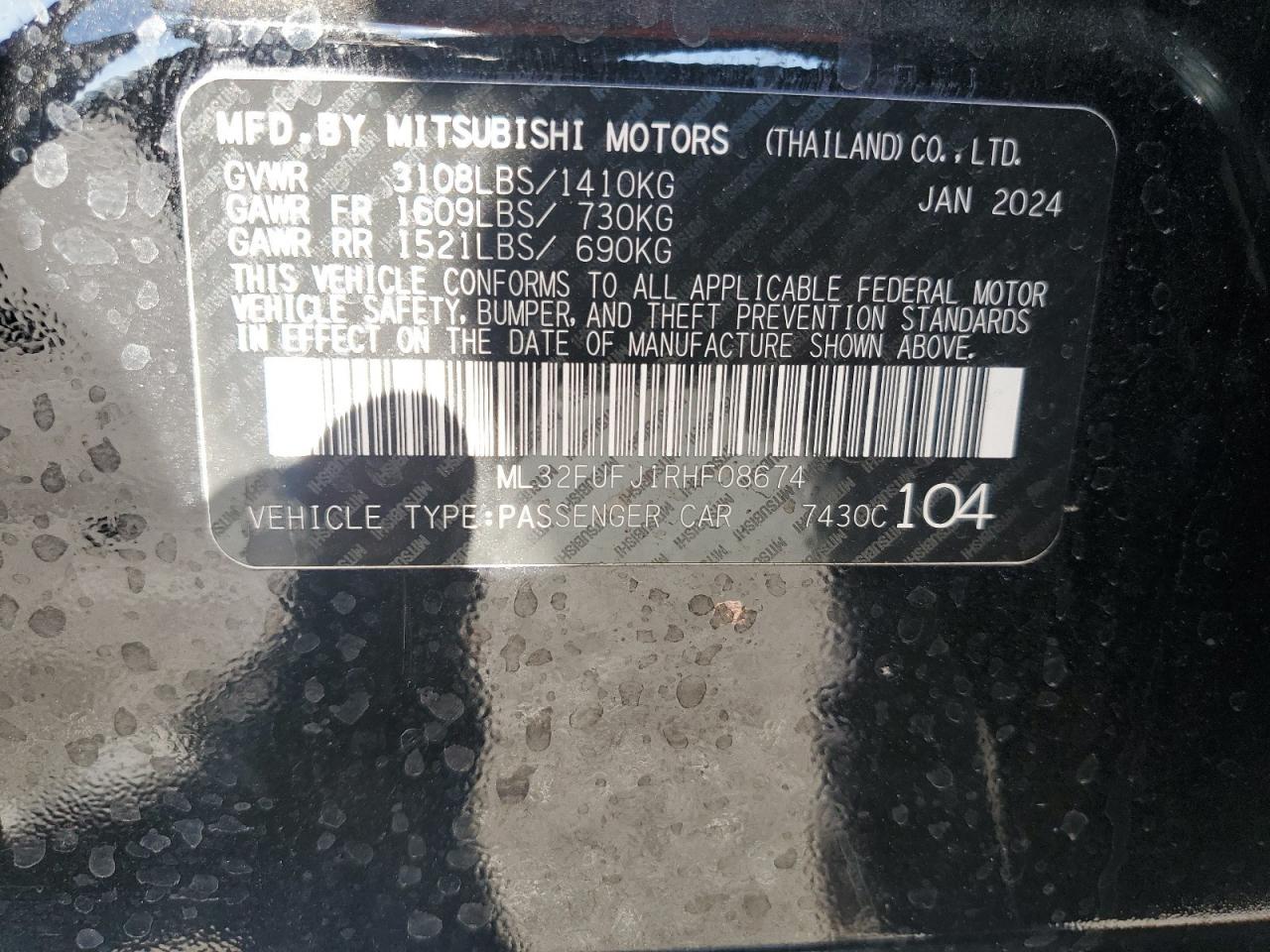 2024 Mitsubishi Mirage VIN ML32FUFJ1RHF08674 Copart auction photo, front end / undercarriage damage thumbnail 12