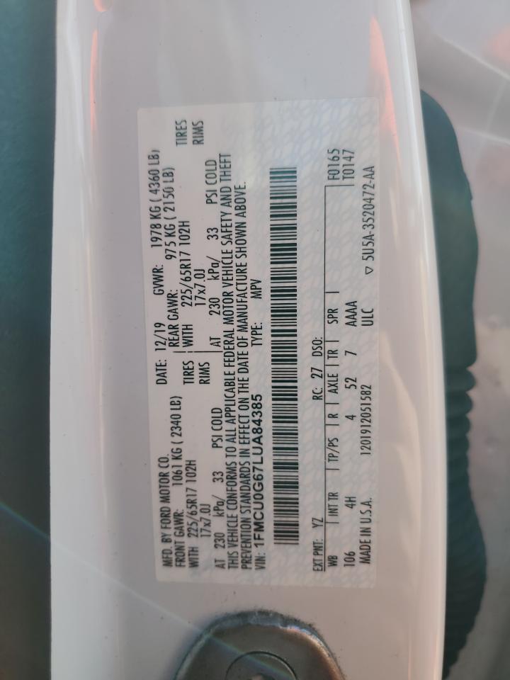 2020 Ford Escape VIN 1FMCU0G67LUA84385 Copart auction photo, front end damage thumbnail 13