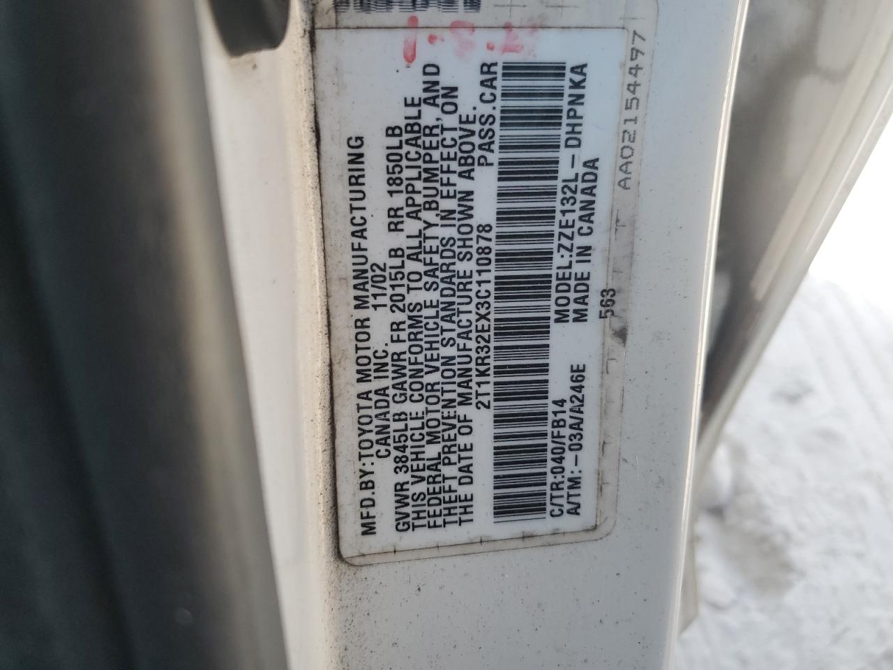 2003 Toyota Corolla VIN 2T1KR32EX3C110878 Copart auction photo, all over damage thumbnail 12
