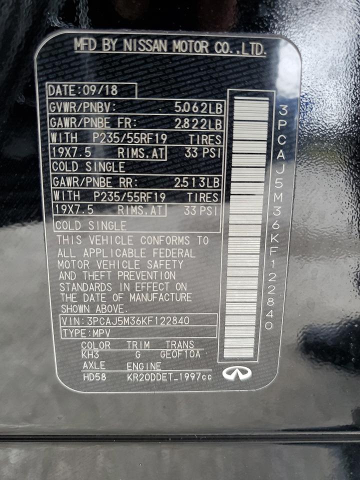 2019 Infiniti QX50 VIN 3PCAJ5M36KF122840 Copart auction photo, front end / side damage thumbnail 15