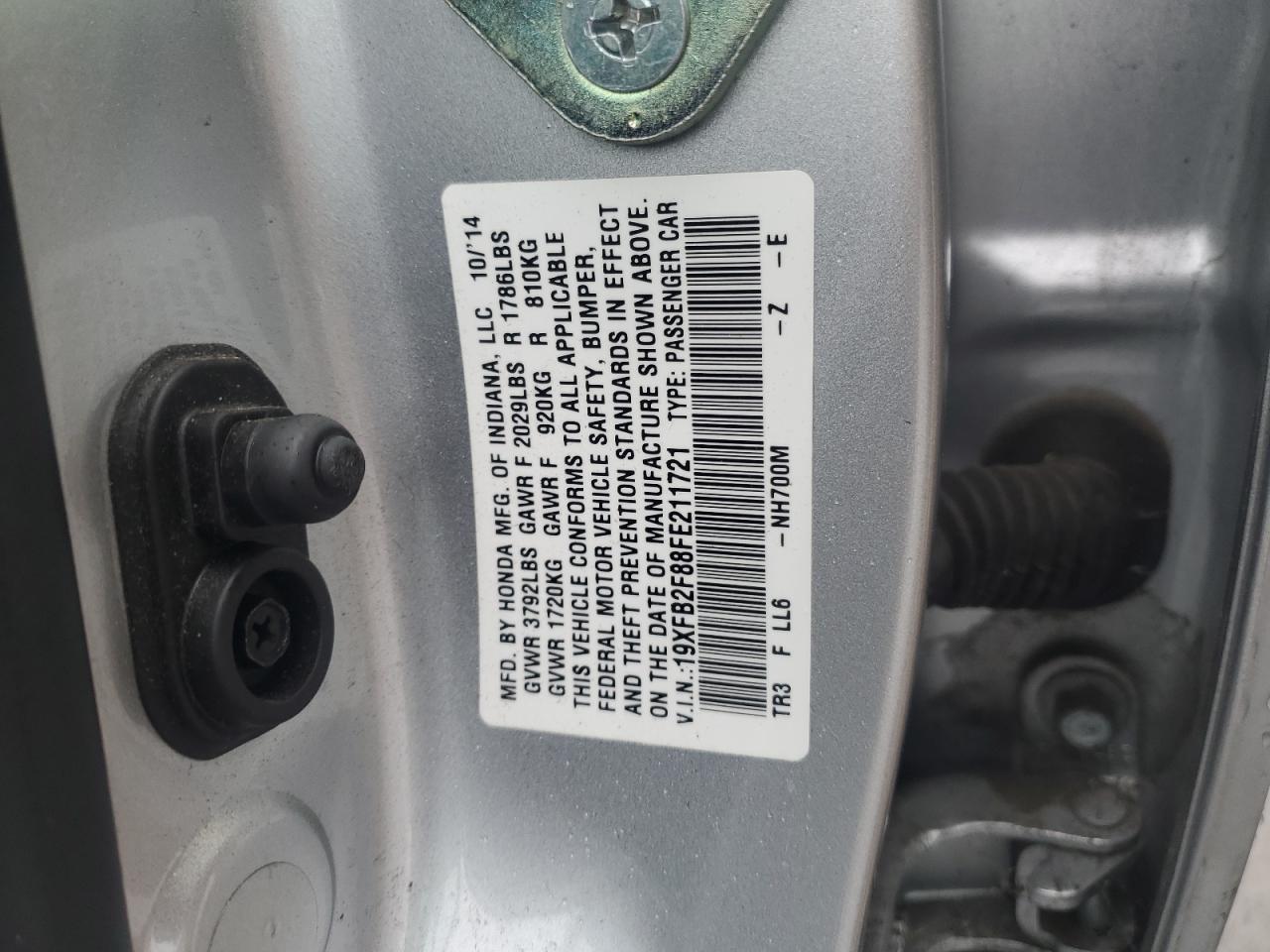 2015 Honda Civic VIN 19XFB2F88FE211721 Copart auction photo, front end / side damage thumbnail 14