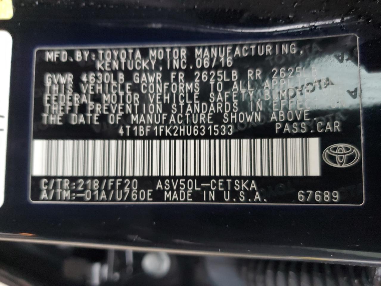2017 Toyota Camry VIN 4T1BF1FK2HU631533 Copart auction photo, front end / minor dent/scratches damage thumbnail 14