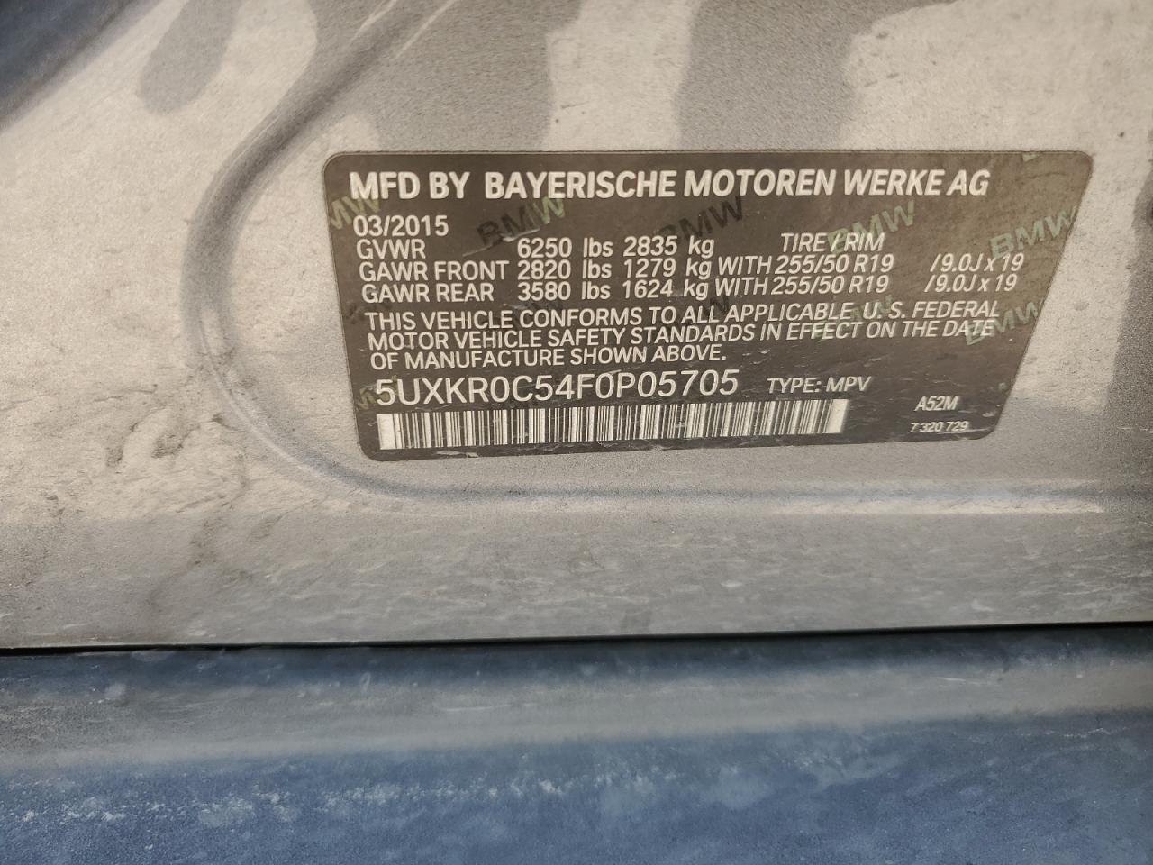 2015 BMW X5 VIN 5UXKR0C54F0P05705 Copart auction photo, side / rear end damage thumbnail 13