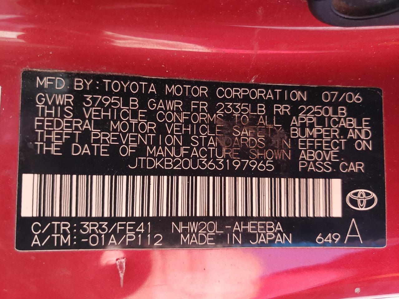 2006 Toyota Prius VIN JTDKB20U363197965 Copart auction photo, rear end / hail damage thumbnail 12