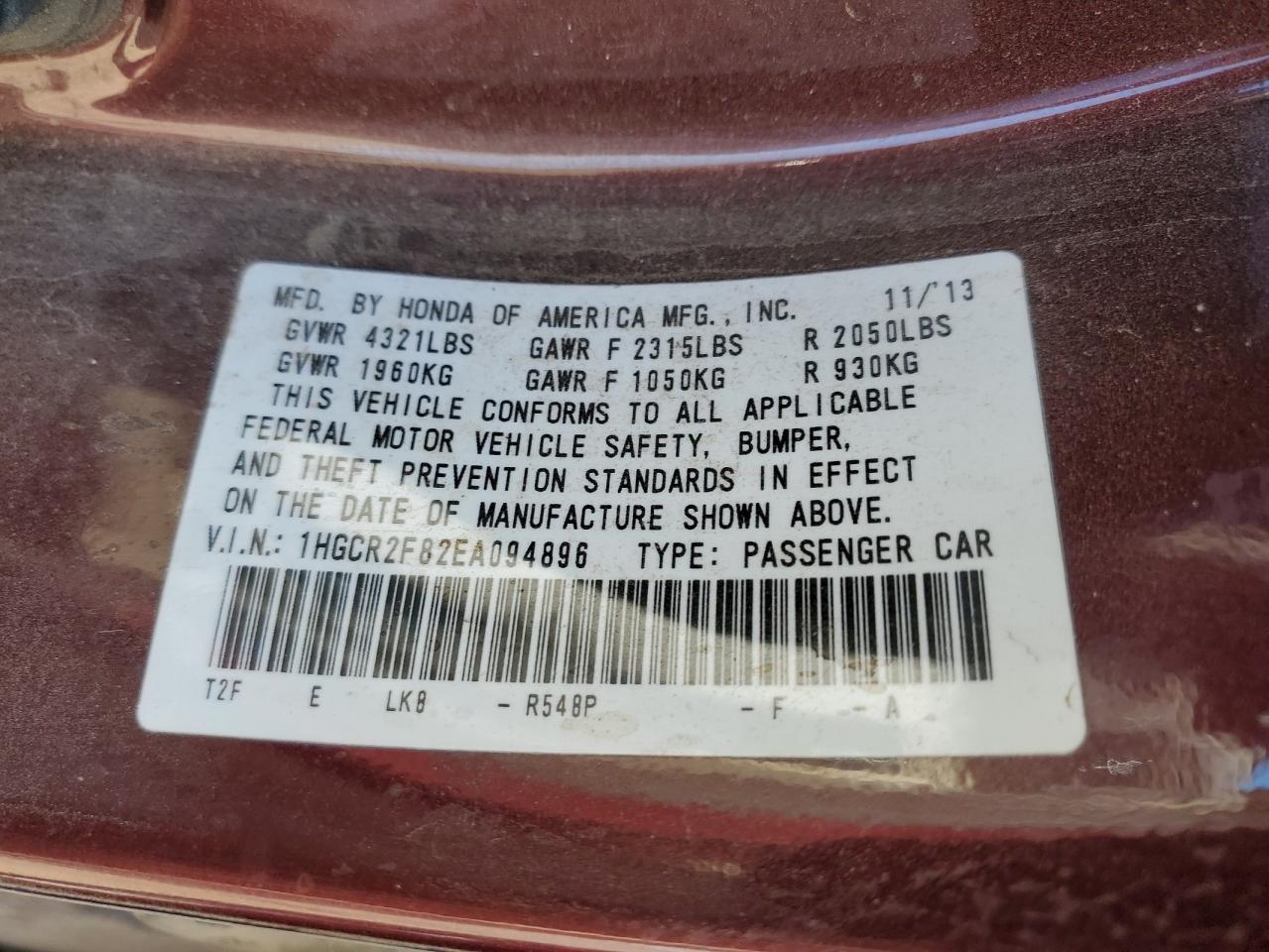 2014 Honda Accord VIN 1HGCR2F82EA094896 Copart auction photo, all over damage thumbnail 13