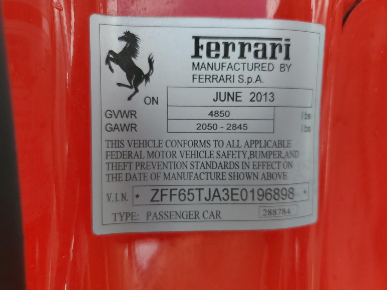 2014 Ferrari California VIN ZFF65TJA3E0196898 Copart auction photo, water/flood damage thumbnail 13