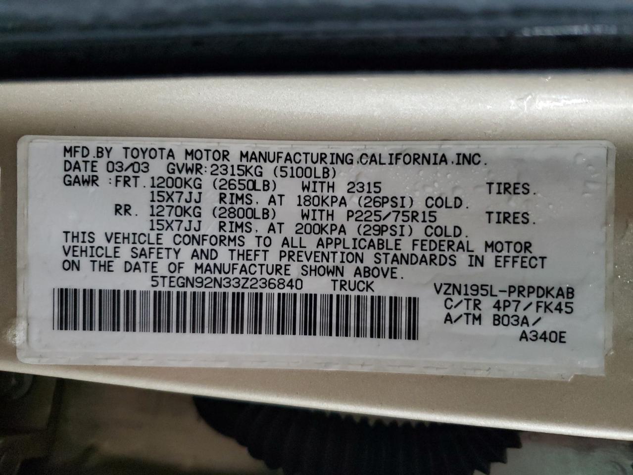 2003 Toyota Tacoma VIN 5TEGN92N33Z236840 Copart auction photo, front end damage thumbnail 12