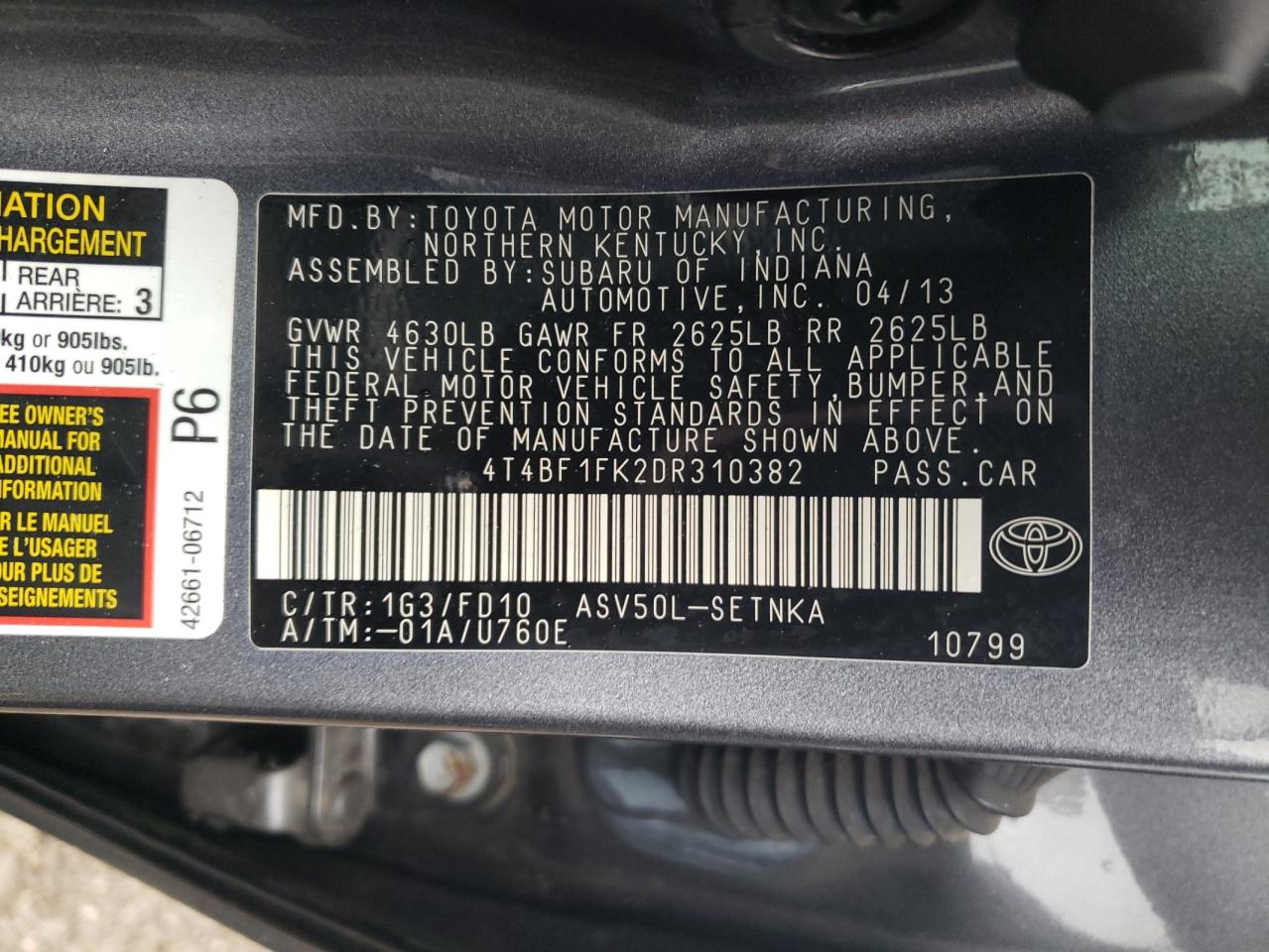 2013 Toyota Camry VIN 4T4BF1FK2DR310382 Copart auction photo, front end damage thumbnail 13
