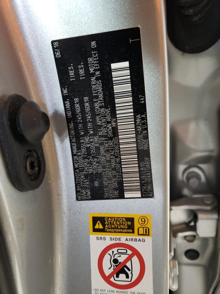 2018 Toyota Highlander VIN 5TDJZRFH6JS890305 Copart auction photo, top/roof / side damage thumbnail 13