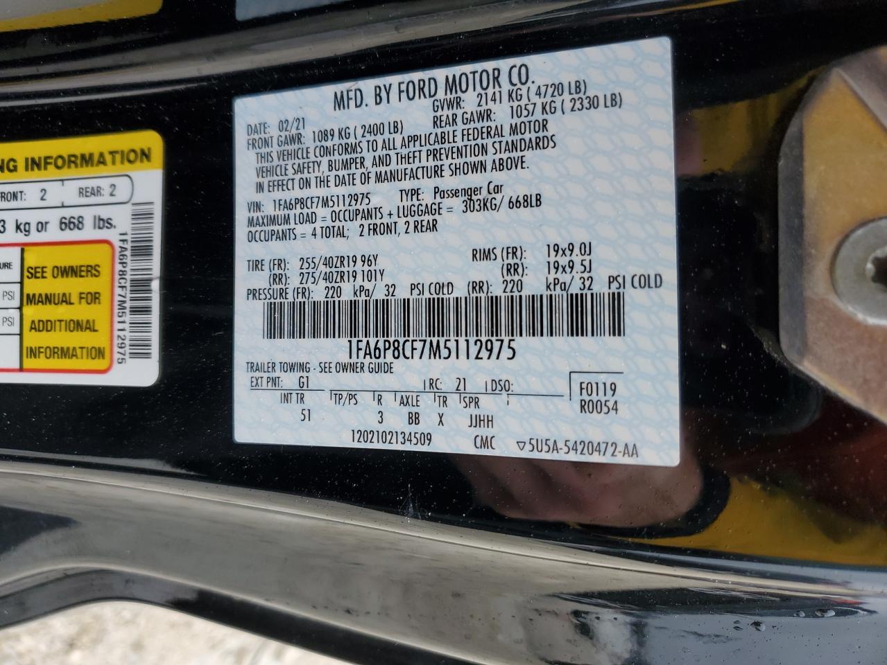 2021 Ford Mustang VIN 1FA6P8CF7M5112975 Copart auction photo, front end / side damage thumbnail 12