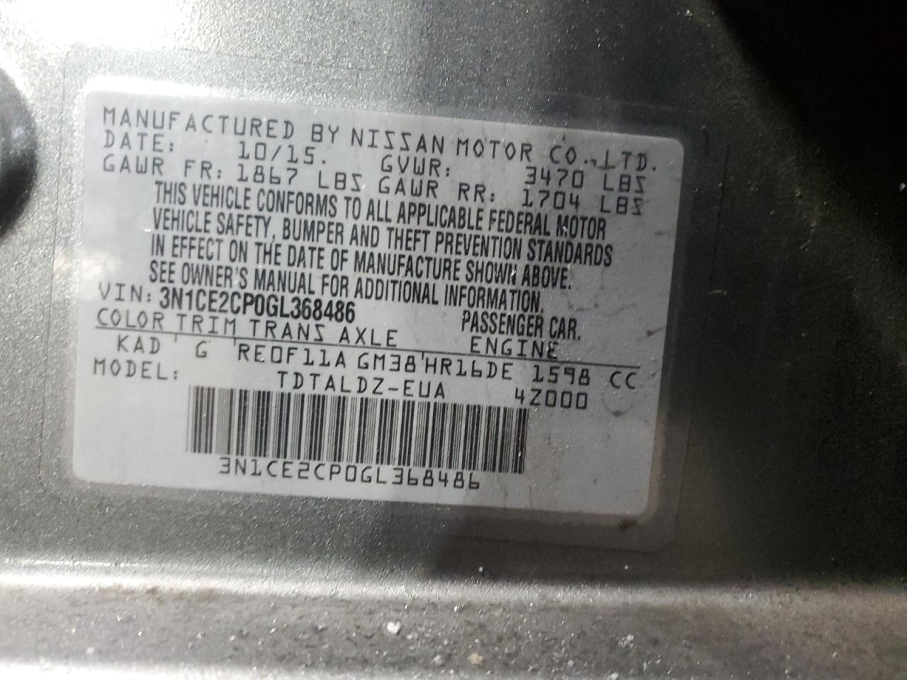 2016 Nissan Versa VIN 3N1CE2CP0GL368486 Copart auction photo, front end damage thumbnail 14