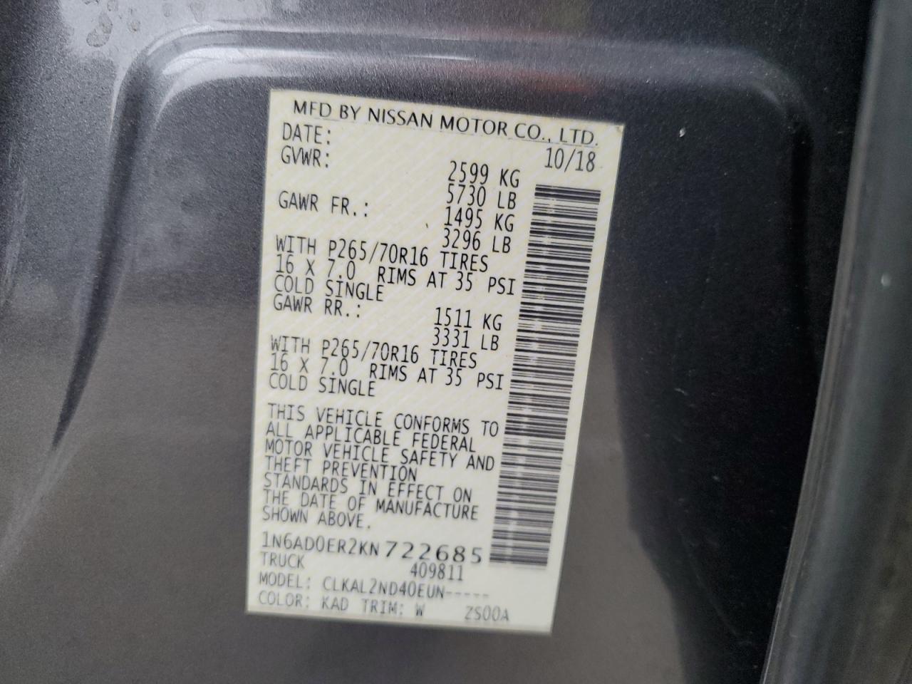 2019 Nissan Navara (Frontier) VIN 1N6AD0ER2KN722685 Copart auction photo, burn - interior damage thumbnail 12