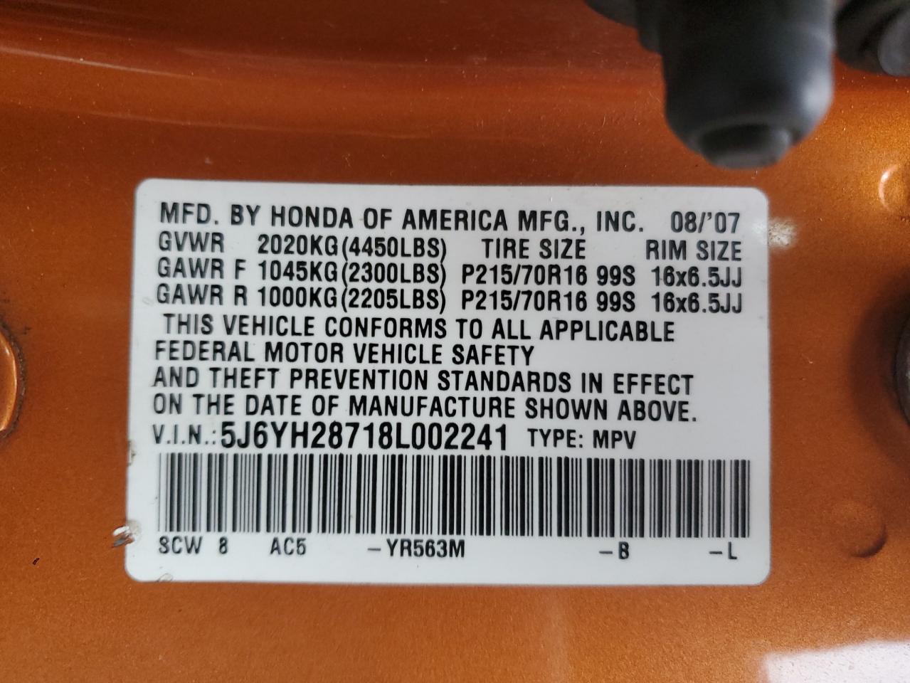 2008 Honda Element VIN 5J6YH28718L002241 Copart auction photo, front end damage thumbnail 13