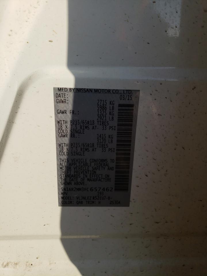 2015 Nissan Pathfinder VIN 5N1AR2MM3FC657462 Copart auction photo, front end damage thumbnail 13