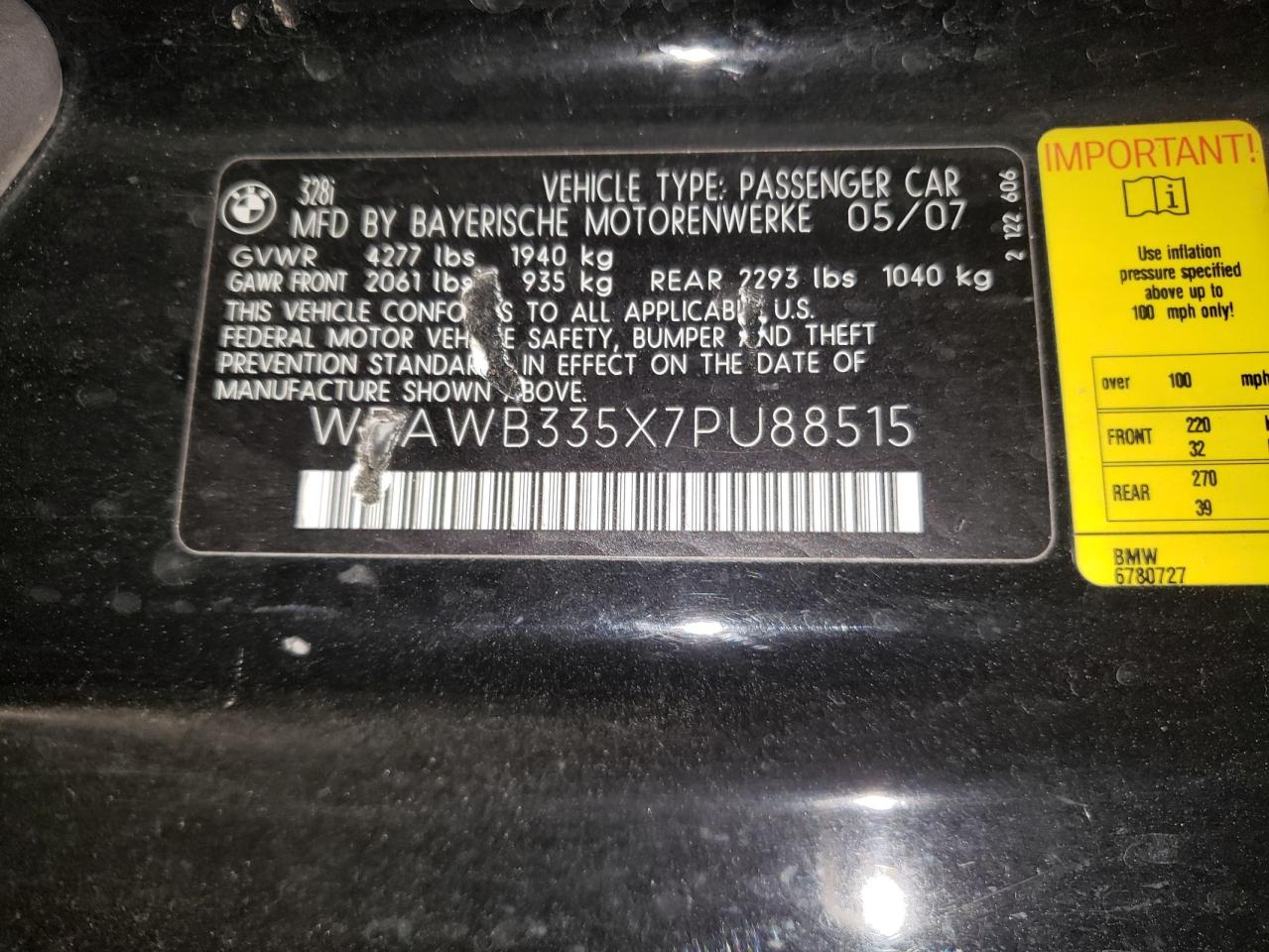 2007 BMW 3er VIN WBAWB335X7PU88515 Copart auction photo, front end / all over damage thumbnail 12