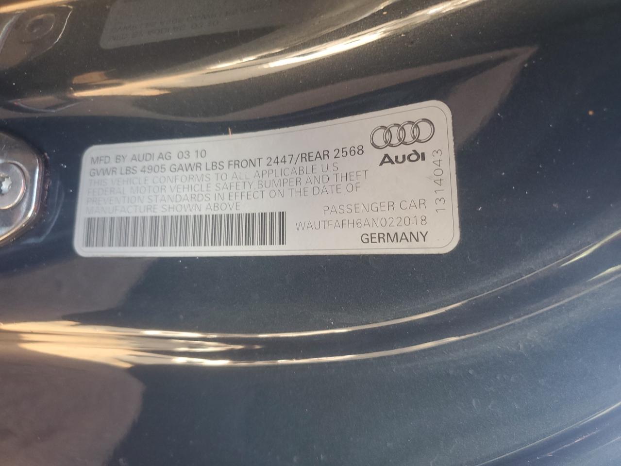 2010 Audi A5 VIN WAUTFAFH6AN022018 Copart auction photo, front end damage thumbnail 13