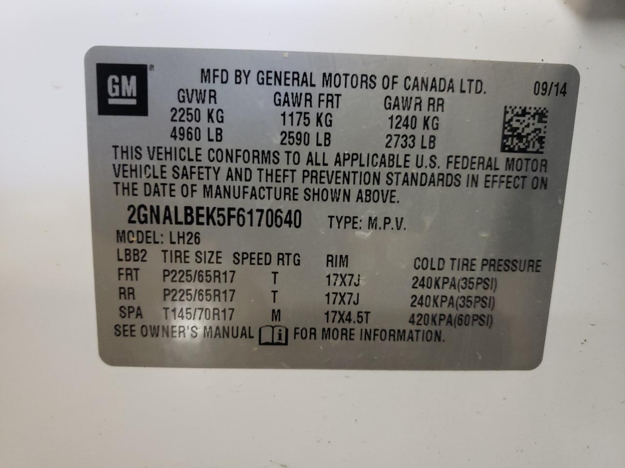 2015 Chevrolet Equinox VIN 2GNALBEK5F6170640 Copart auction photo, front end / side damage thumbnail 13