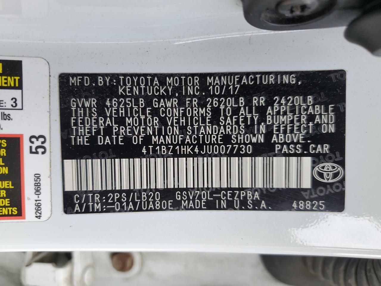 2018 Toyota Camry VIN 4T1BZ1HK4JU007730 Copart auction photo, front end / side damage thumbnail 13