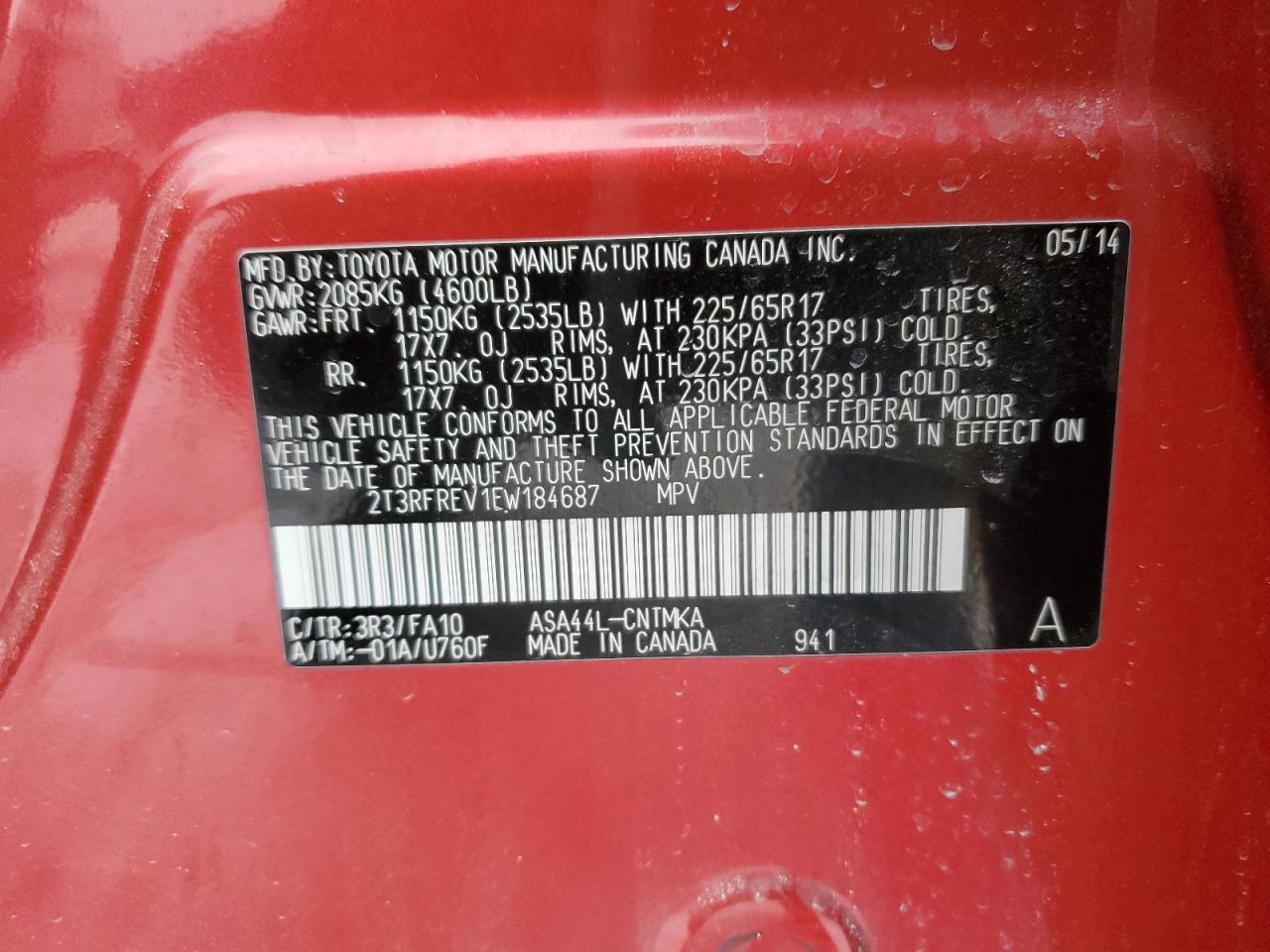 2014 Toyota RAV 4 VIN 2T3RFREV1EW184687 Copart auction photo, front end / side damage thumbnail 14