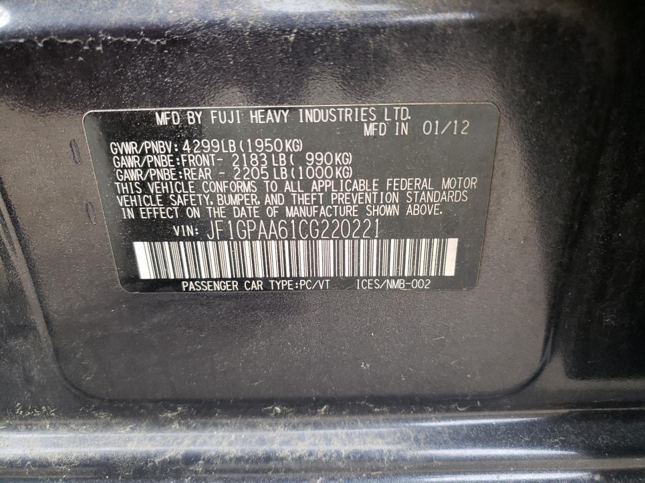 2012 Subaru Impreza VIN JF1GPAA61CG220221 Copart auction photo, side / rear end damage thumbnail 12