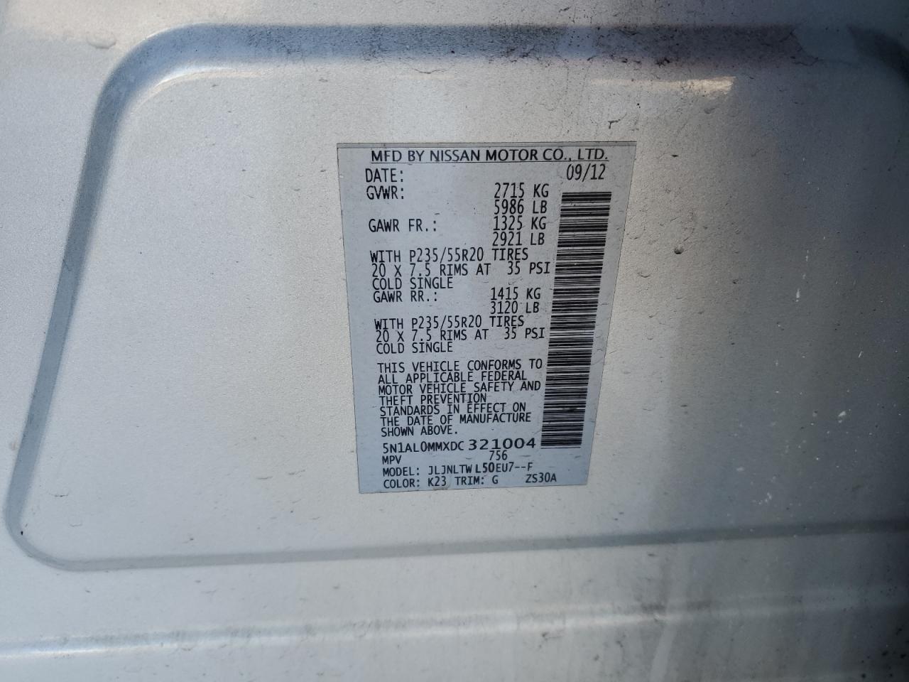 2013 Infiniti JX VIN 5N1AL0MMXDC321004 Copart auction photo, front end / rear end damage thumbnail 13