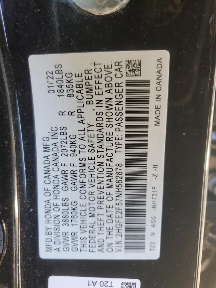 2022 Honda Civic VIN 2HGFE2F57NH562878 Copart auction photo, minor dent/scratches damage thumbnail 12