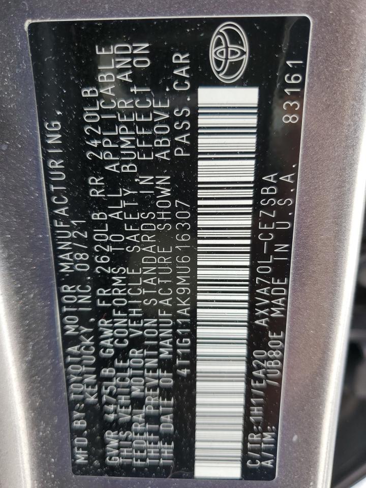 2021 Toyota Camry VIN 4T1G11AK9MU616307 Copart auction photo, front end / side damage thumbnail 12