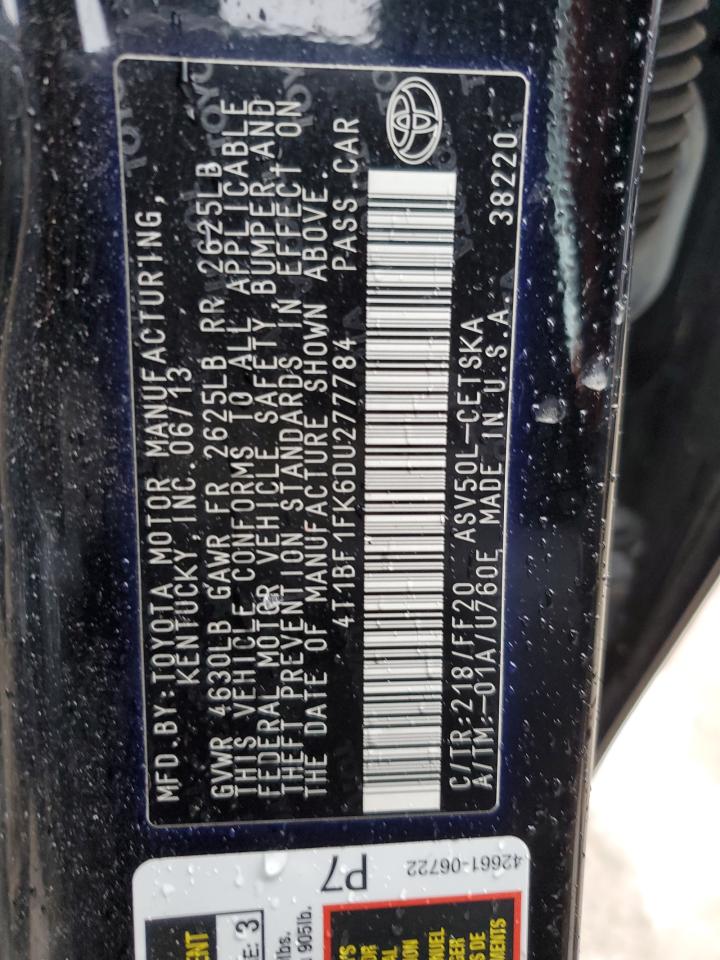 2013 Toyota Camry VIN 4T1BF1FK6DU277784 Copart auction photo, front end / rear end damage thumbnail 13