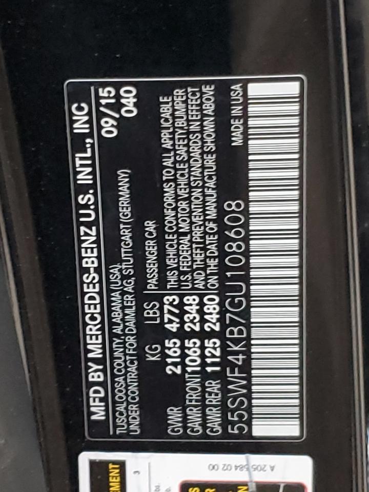 2016 Mercedes-Benz C-klasse VIN 55SWF4KB7GU108608 Copart auction photo, rear end / minor dent/scratches damage thumbnail 12
