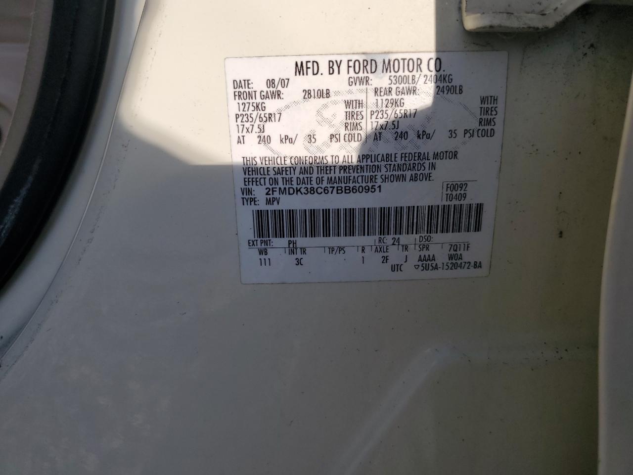 2007 Ford Edge VIN 2FMDK38C67BB60951 Copart auction photo, front end damage thumbnail 15