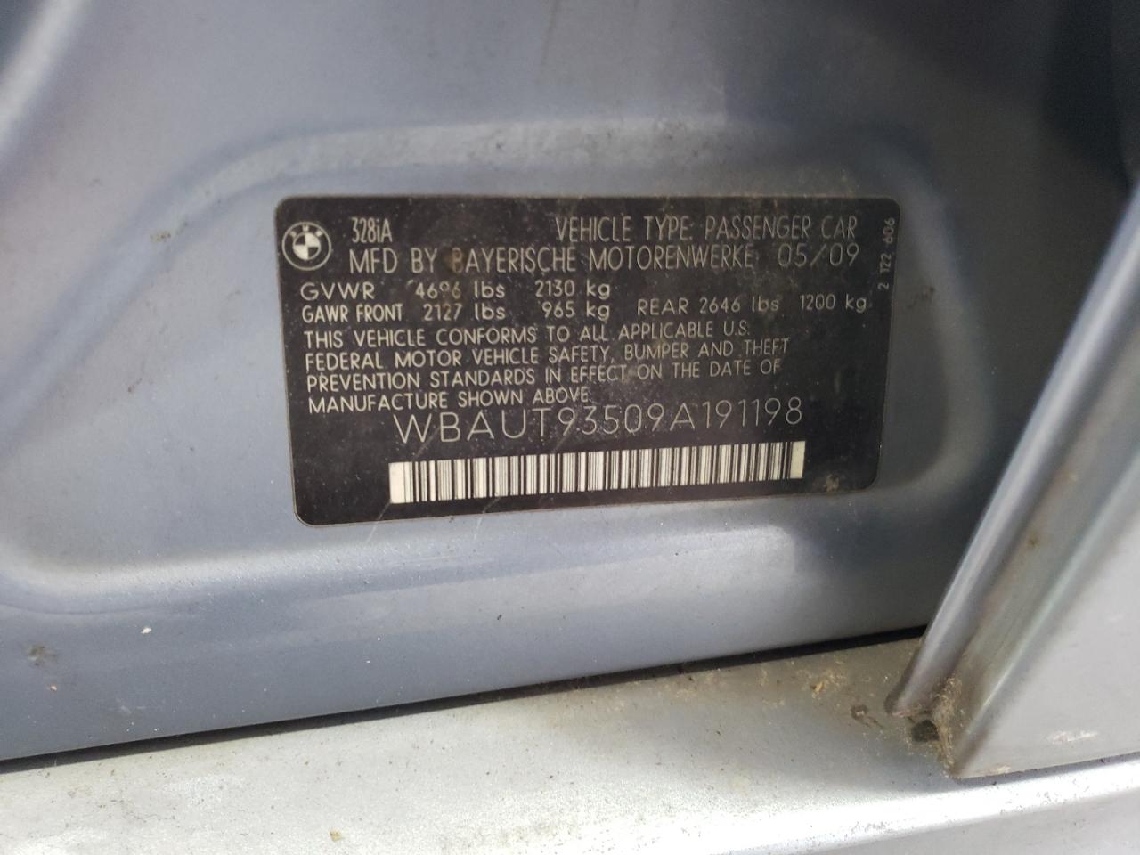 2009 BMW 3er VIN WBAUT93509A191198 Copart auction photo, front end / undercarriage damage thumbnail 14