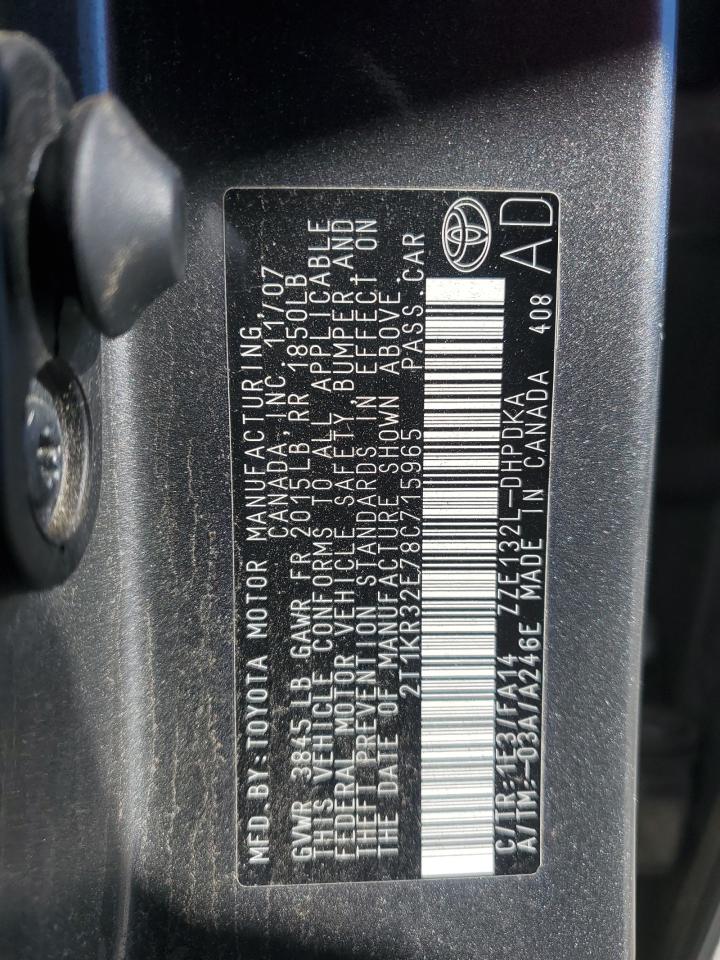 2008 Toyota Corolla VIN 2T1KR32E78C715965 Copart auction photo, front end / minor dent/scratches damage thumbnail 12