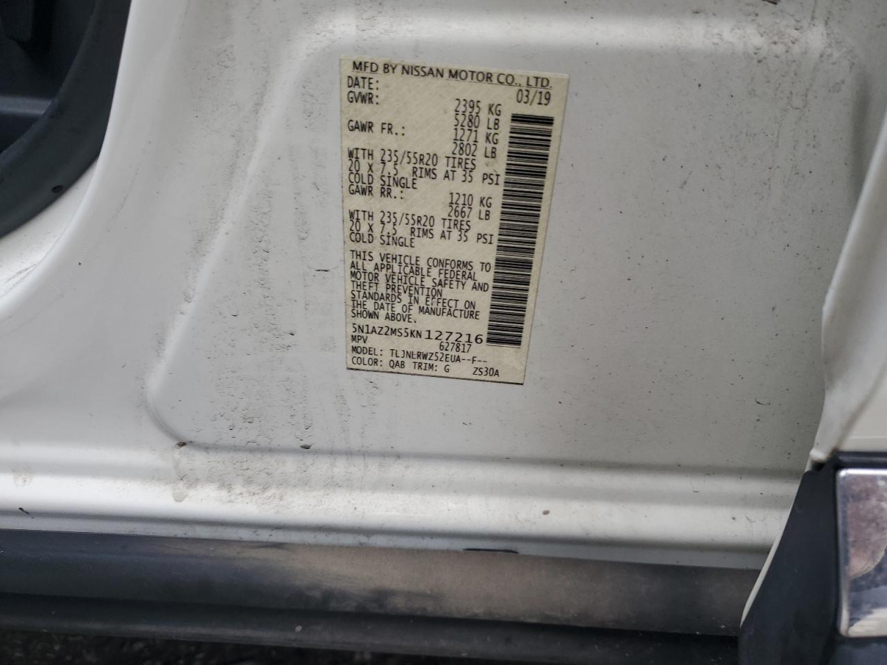 2019 Nissan Murano VIN 5N1AZ2MS5KN127216 Copart auction photo, side / front end damage thumbnail 15