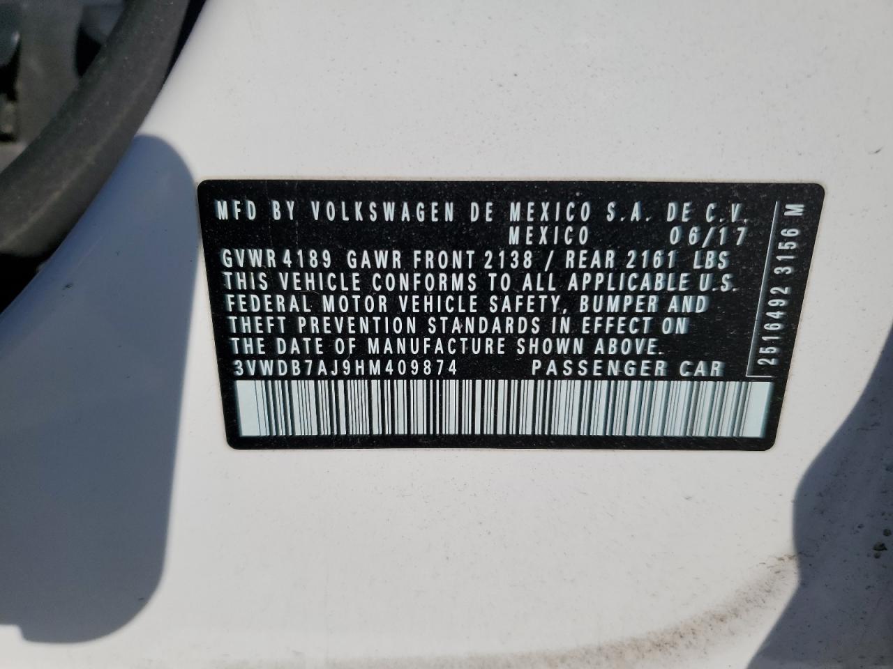 2017 Volkswagen Jetta VIN 3VWDB7AJ9HM409874 Copart auction photo, side damage thumbnail 12