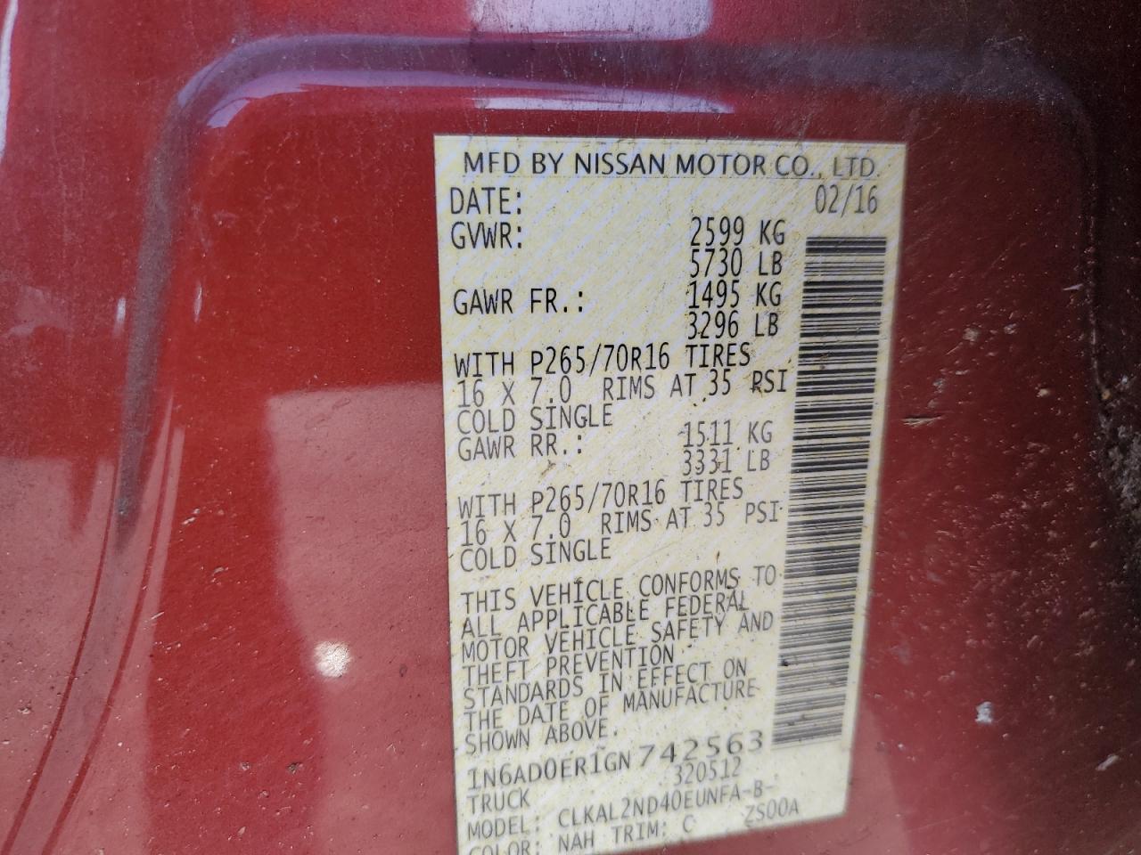 2016 Nissan Navara (Frontier) VIN 1N6AD0ER1GN742563 Copart auction photo, all over damage thumbnail 13
