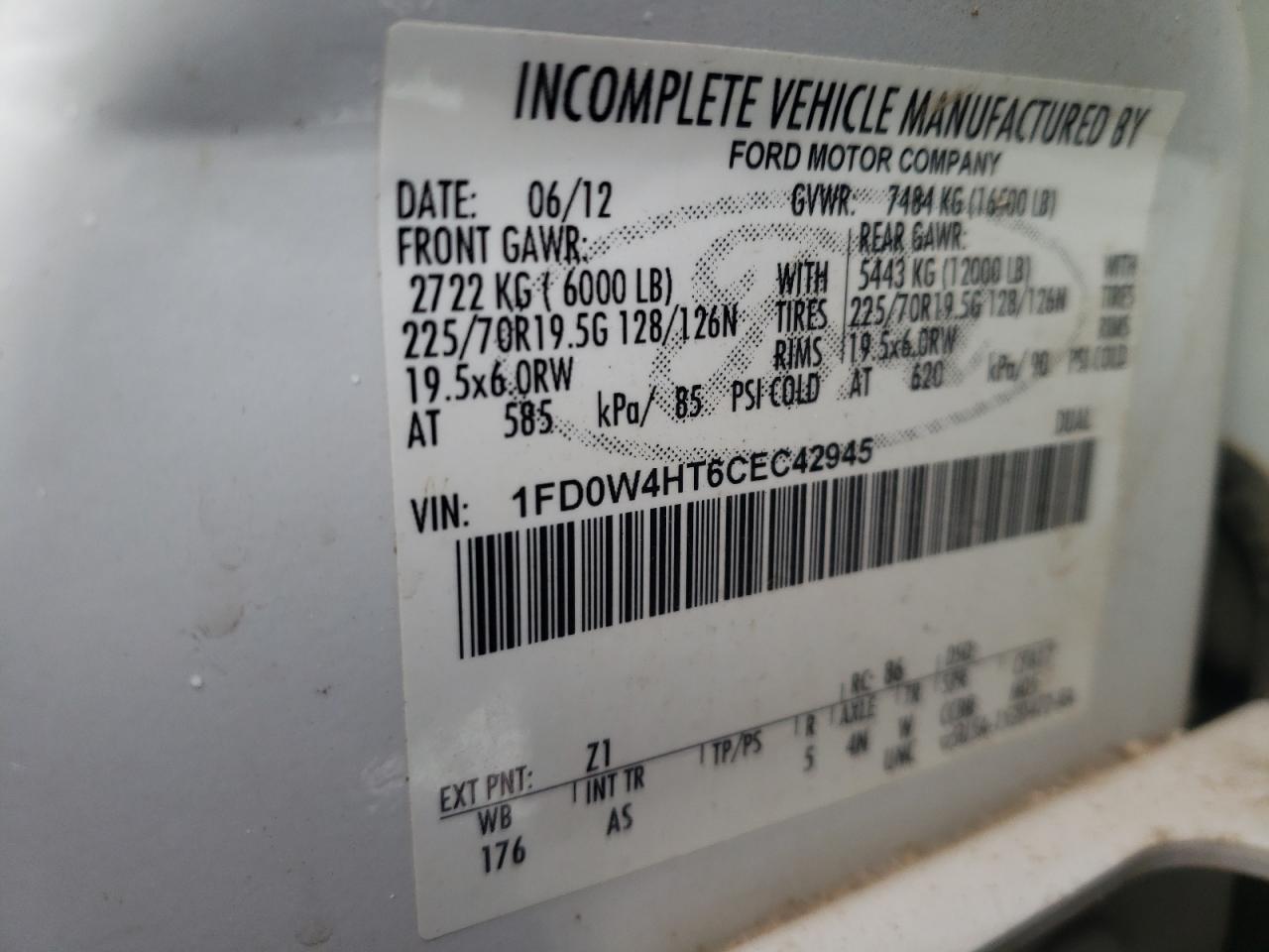 2012 Ford F450 VIN 1FD0W4HT6CEC42945 Copart auction photo, front end damage thumbnail 12