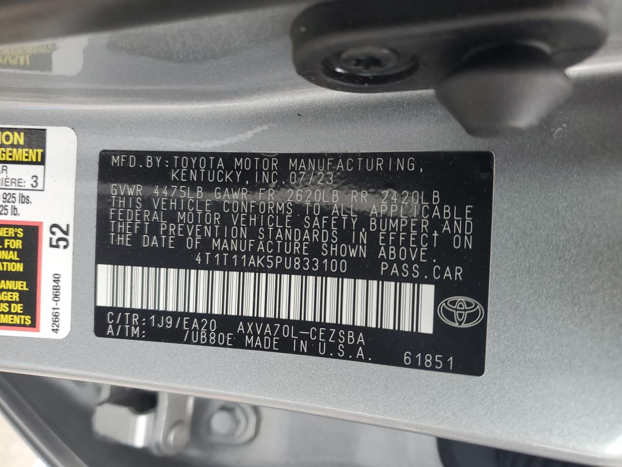 2023 Toyota Camry VIN 4T1T11AK5PU833100 Copart auction photo, front end damage thumbnail 13