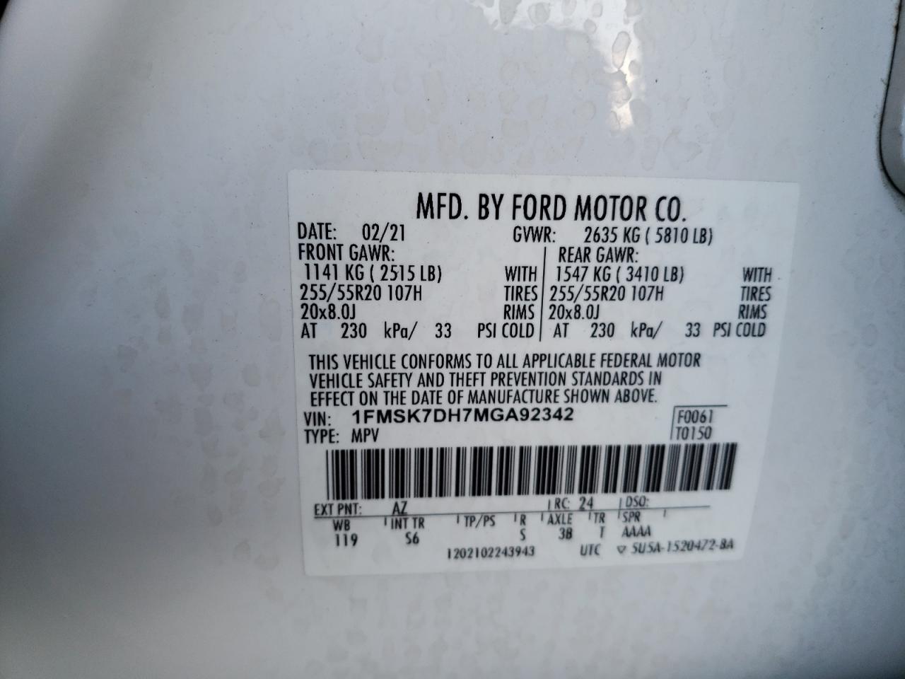2021 Ford Explorer VIN 1FMSK7DH7MGA92342 Copart auction photo, front end damage thumbnail 13