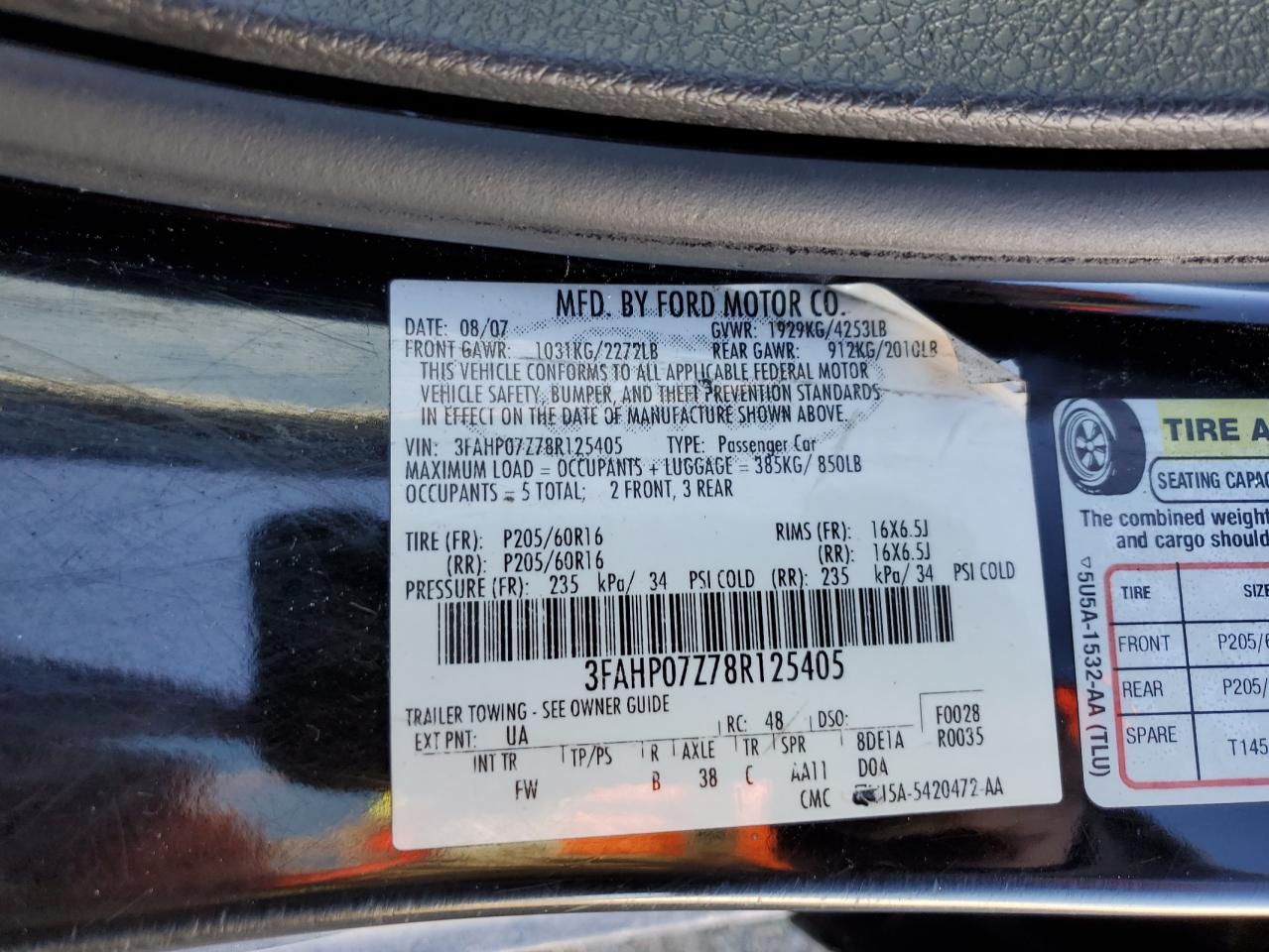 2008 Ford Fusion VIN 3FAHP07Z78R125405 Copart auction photo, rear end / front end damage thumbnail 12